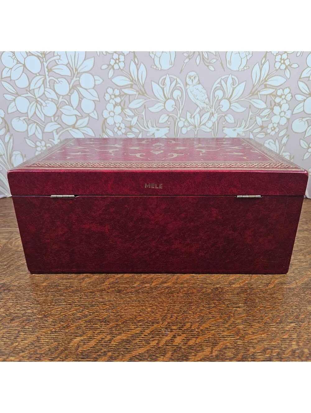 Vintage Mele Jewelry Box Burgundy Gold Tooled 2 Tier Locking Original Key